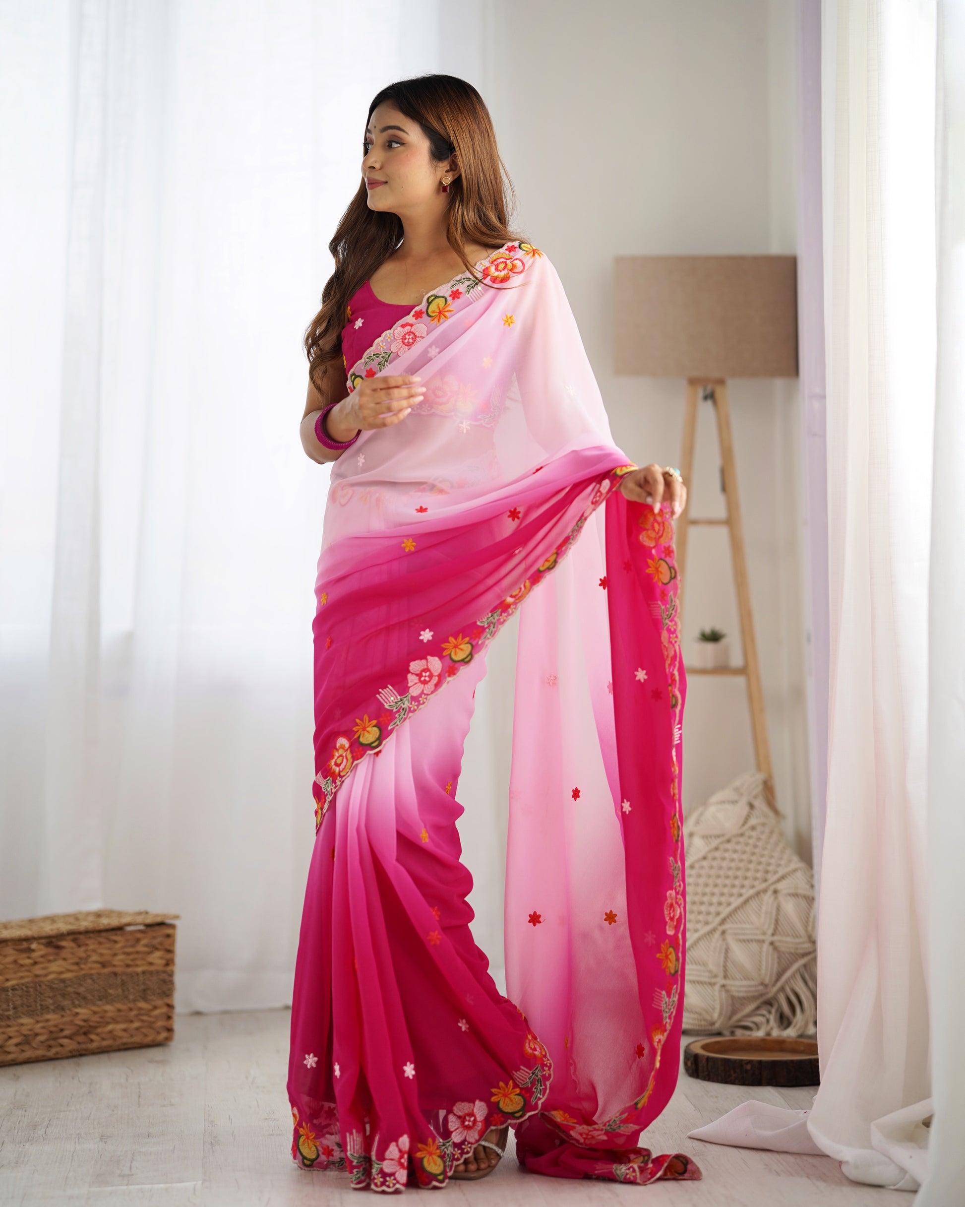 Pink color georgette saree with blouse 