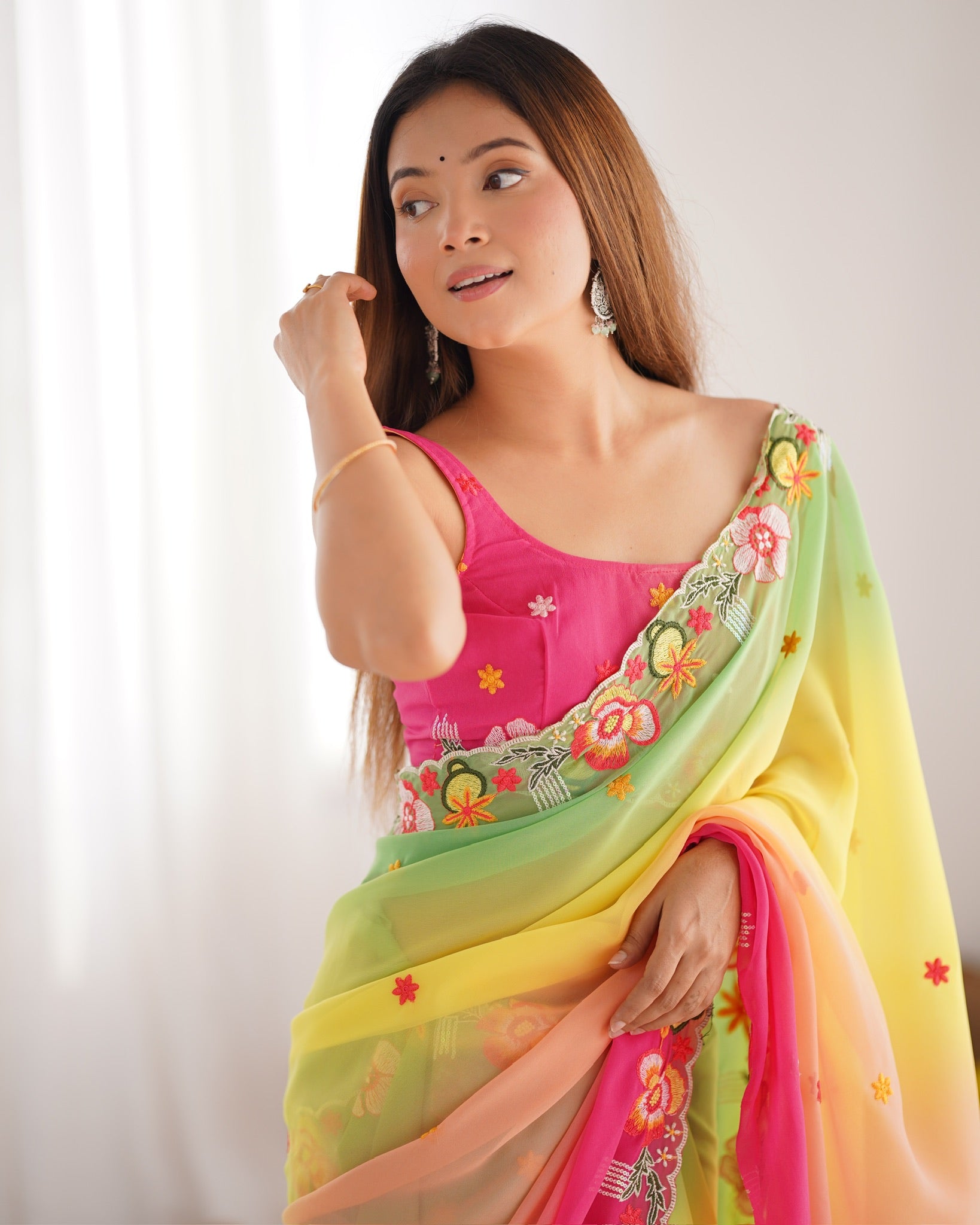 Green color georgette saree with blouse online shopping