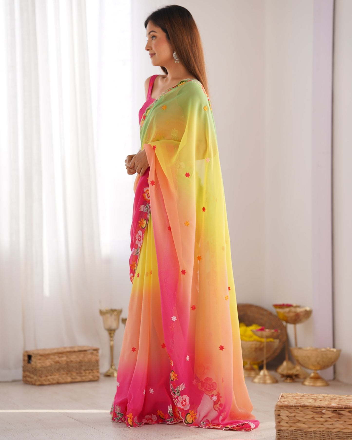 Green color georgette saree with blouse online