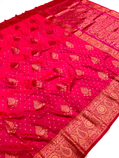 Red color banarasi silk saree with blouse design