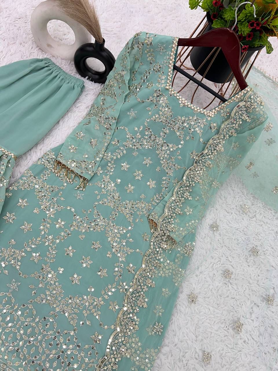Sky color georgette sharara suit with dupatta price
