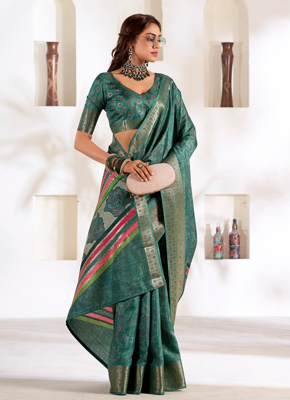 Green color dola silk saree for women online shopping

