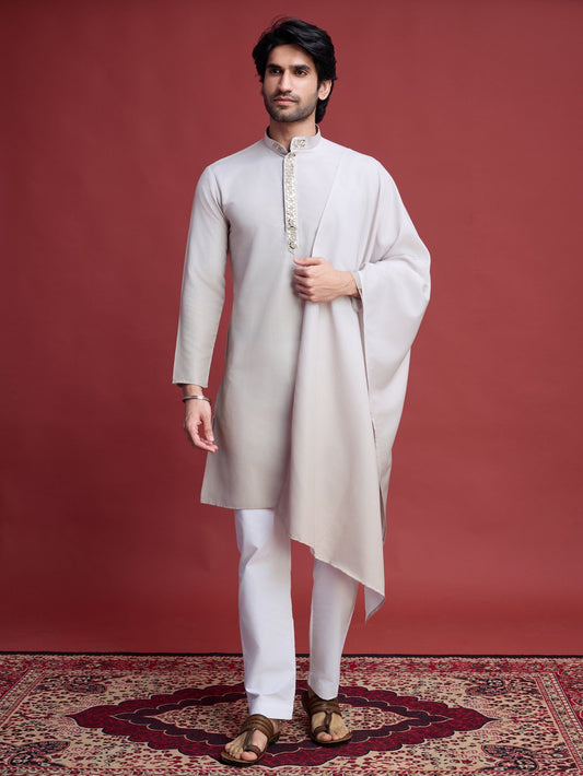 Beige color rayon kurta with dupatta set for men