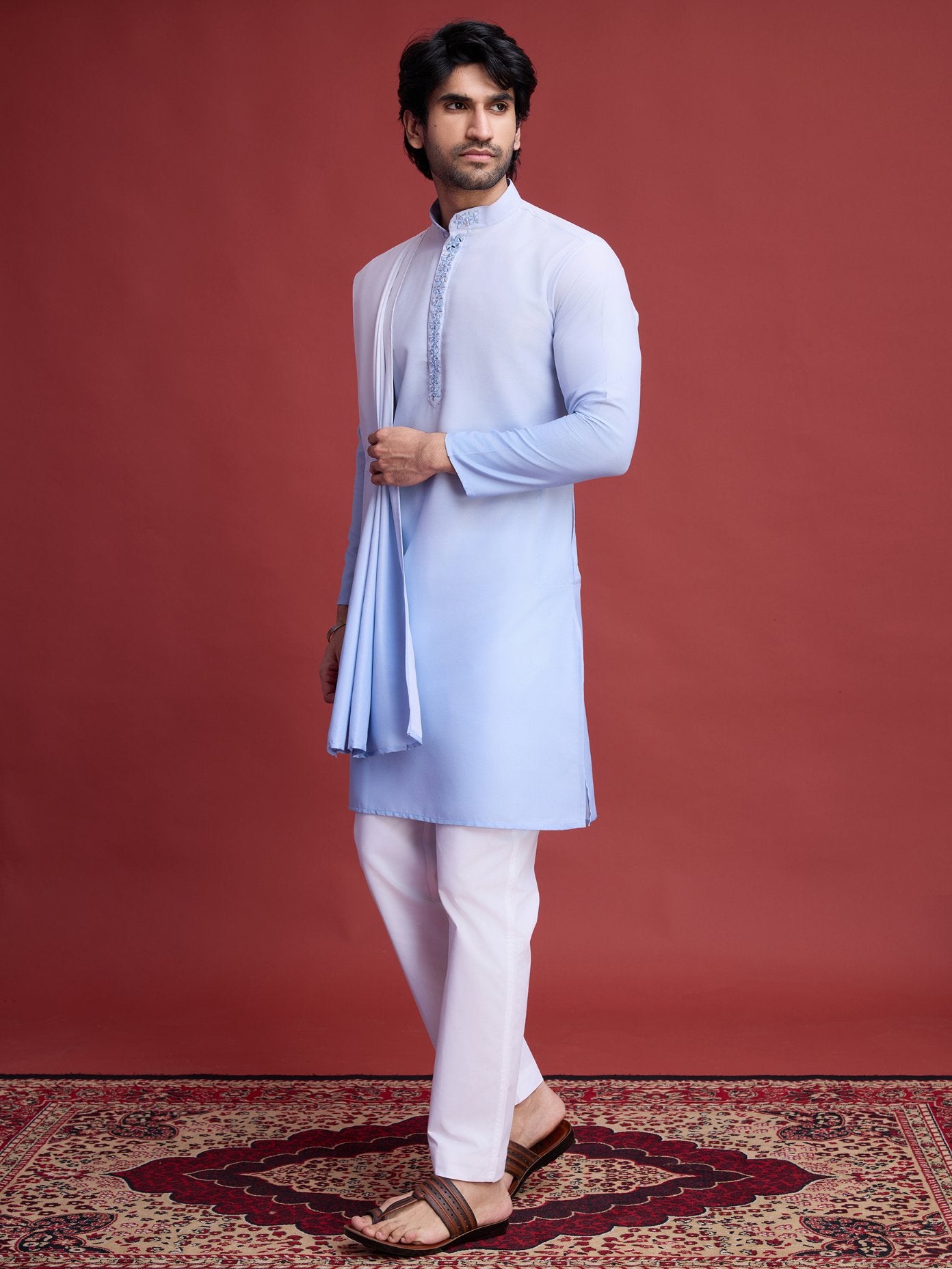 Sky color rayon kurta with dupatta for men