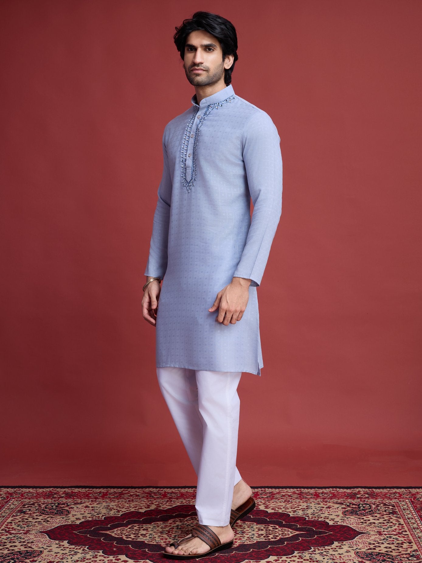 Sky color viscose mirror work kurta for men