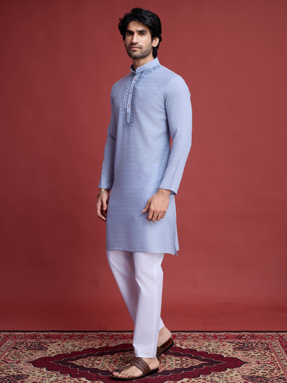 Sky color viscose mirror work kurta for men