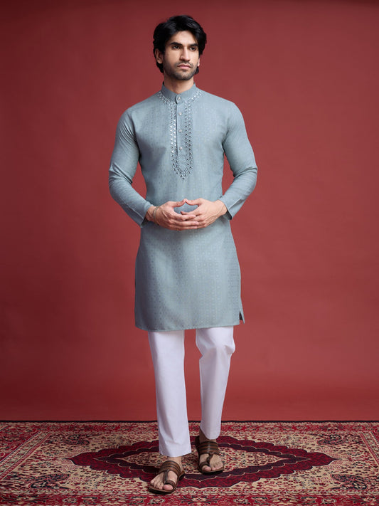Pista color viscose mirror work kurta pajama for men price
