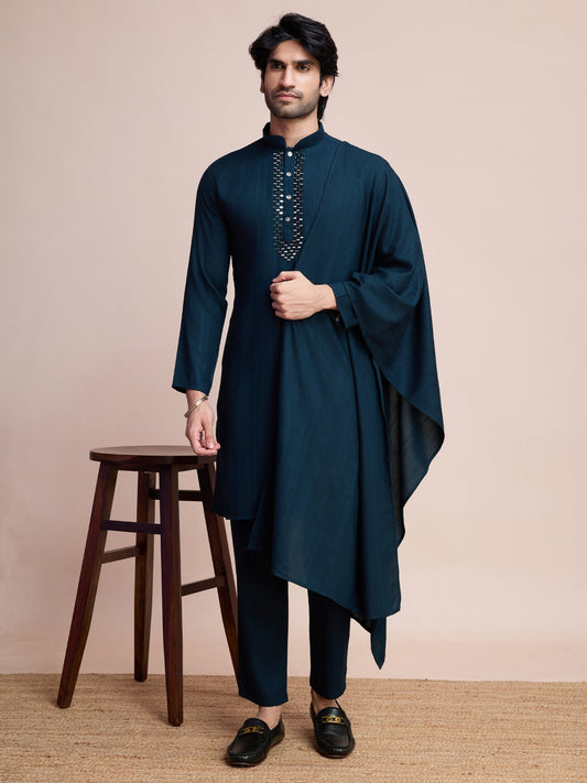 Teal blue color viscose kurta pajama set online