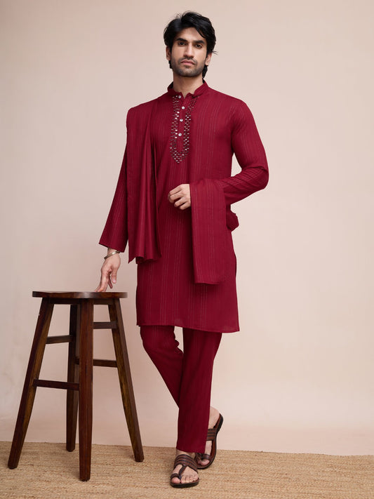 Maroon color viscose mirror work fancy kurta pajama for men price
