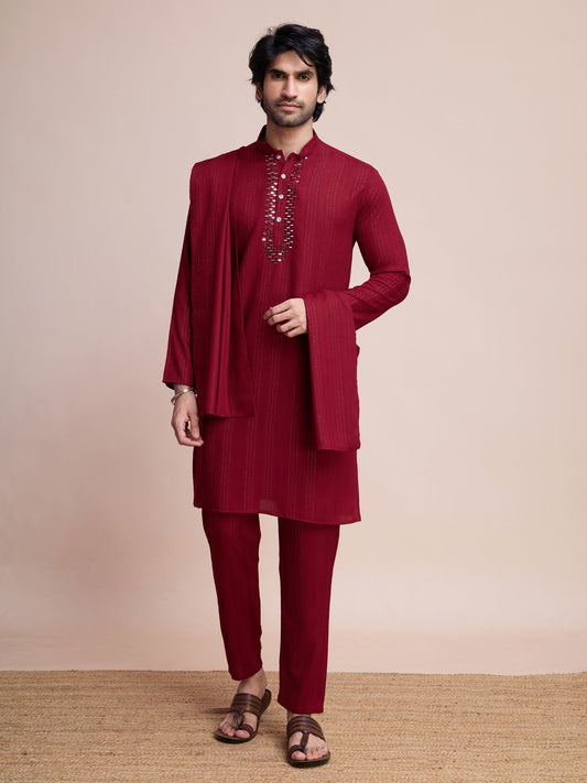 Maroon color viscose mirror work fancy kurta pajama for men online

