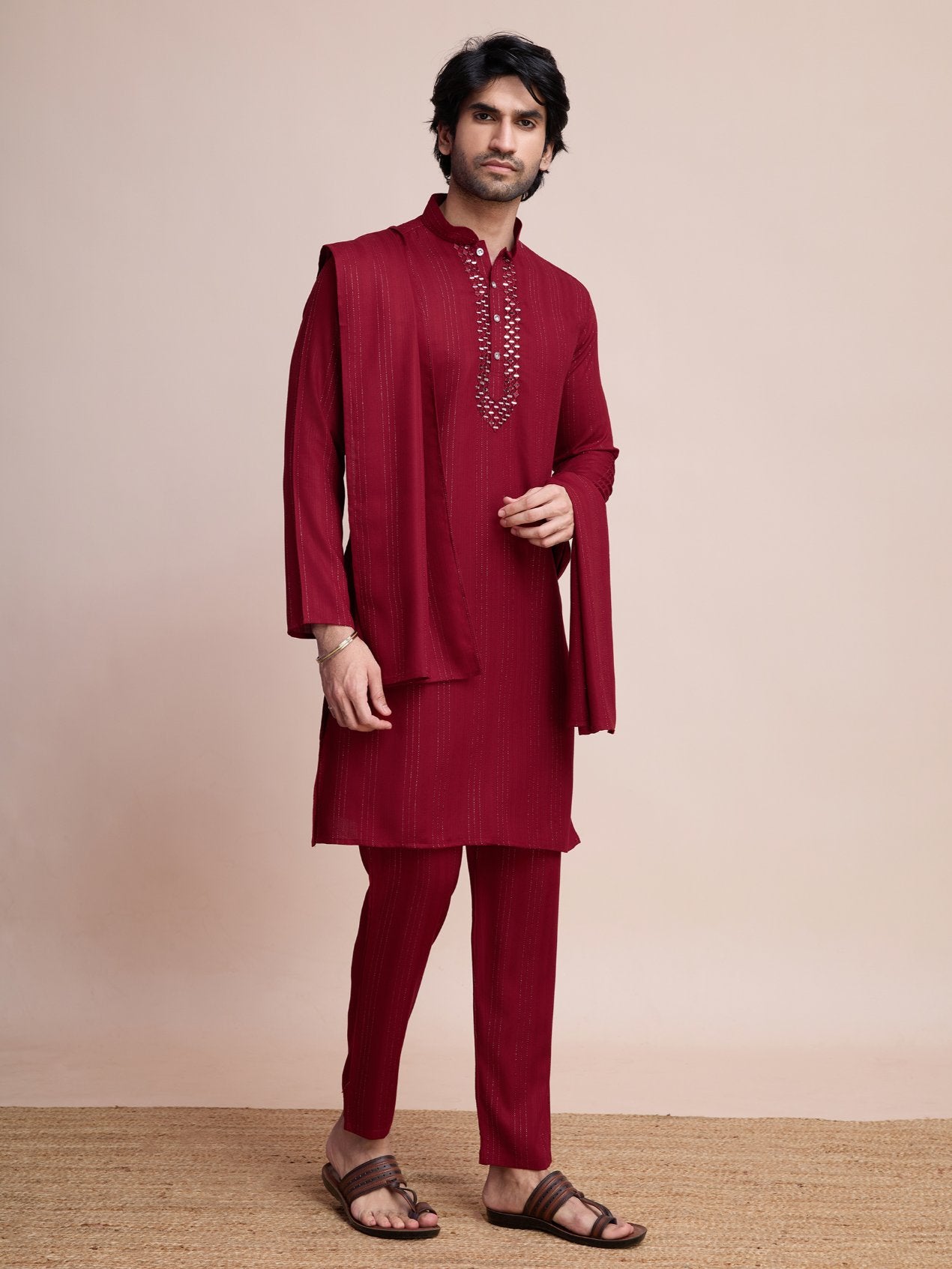 Maroon color viscose mirror work fancy kurta pajama for men images
