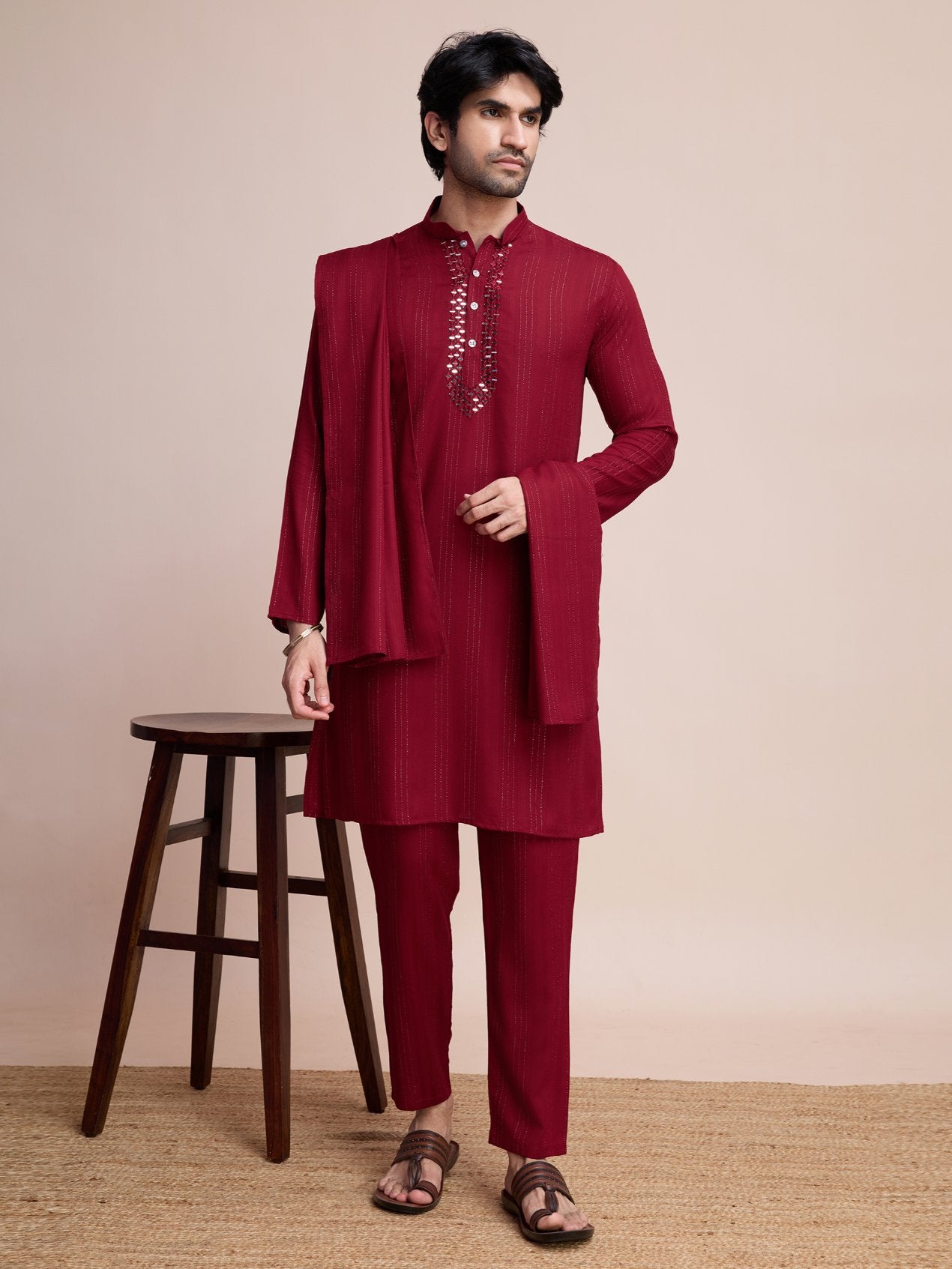 Maroon color viscose mirror work fancy kurta pajama for men 

