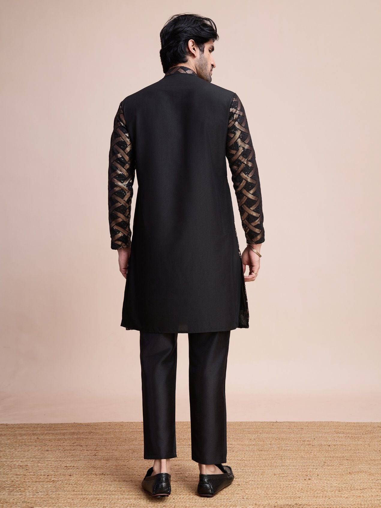 Black color silk sequins work kurta price