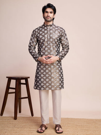 Beige color silk sequins work men's kurta for wedding