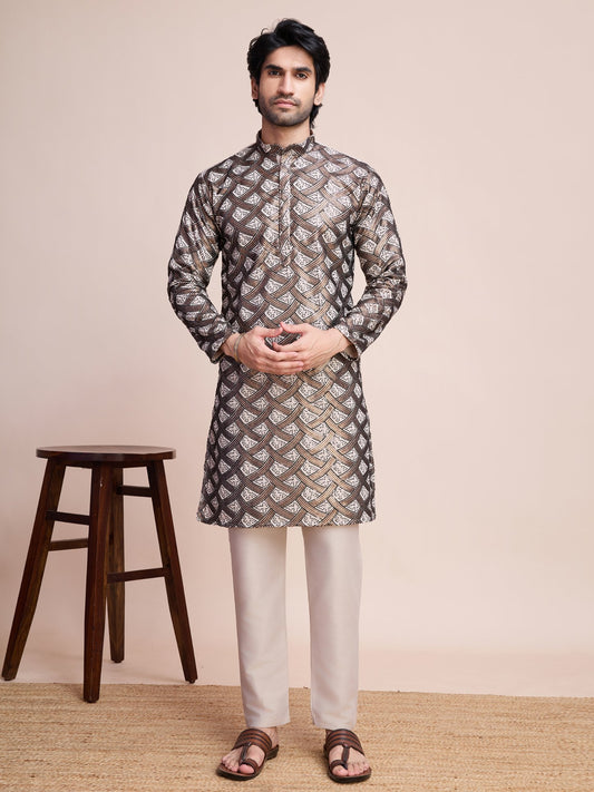 Beige color silk sequins work men's kurta for wedding