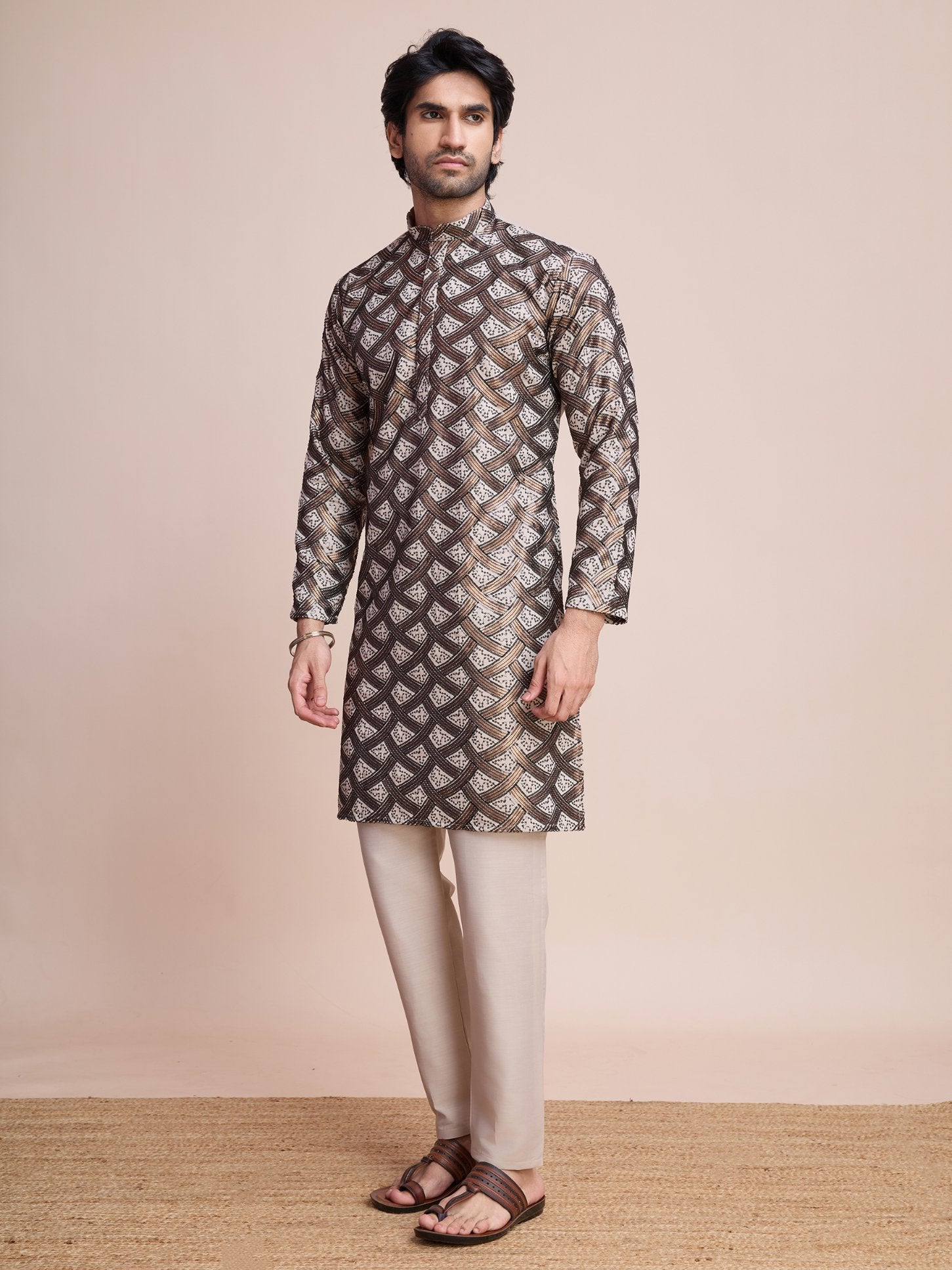 Beige color silk sequins work men's kurta online shopping
