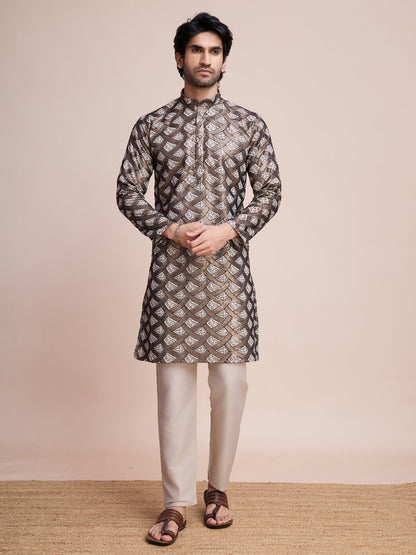 Beige color silk sequins work men's kurta images