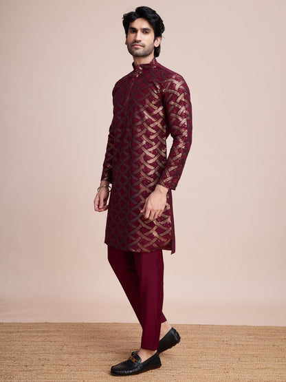 maroon sequins mens kurta