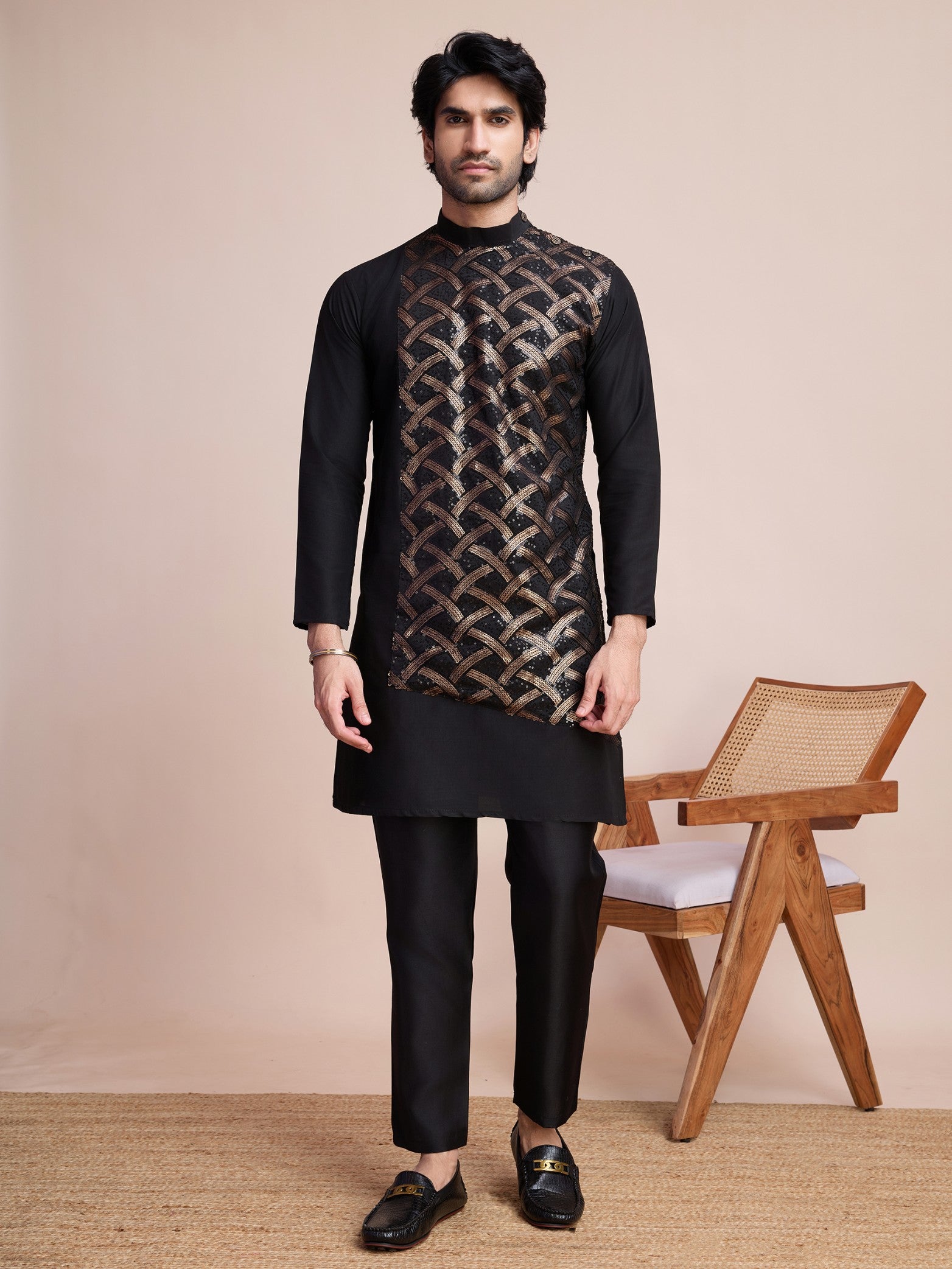 Black color silk readymade men's kurta
