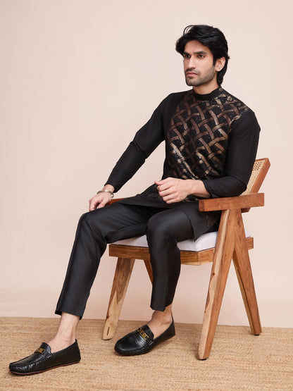 Black color silk readymade men's kurta for wedding