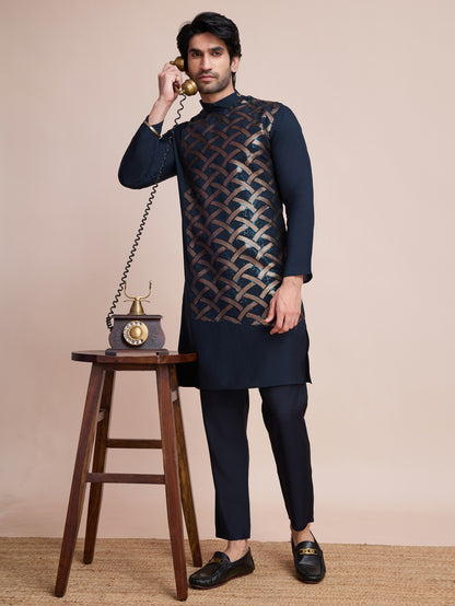 Navy blue color silk ready to wear men's kurta online shopping
