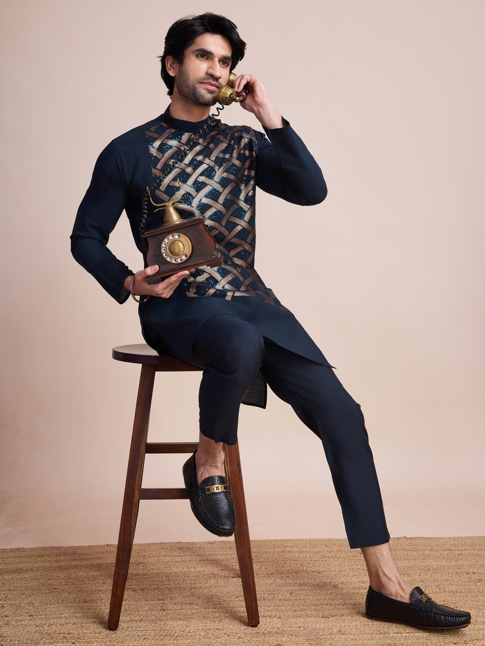 Navy blue color silk ready to wear men's kurta price