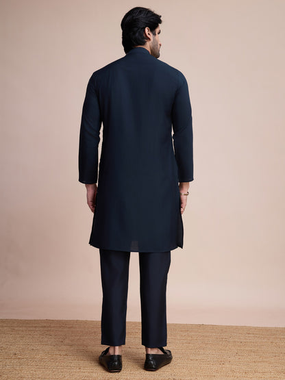 Navy blue color silk ready to wear men's kurta images