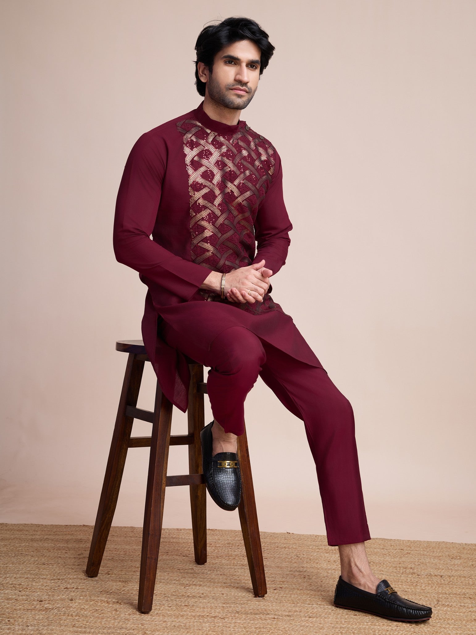 Maroon color silk men's kurta online shopping