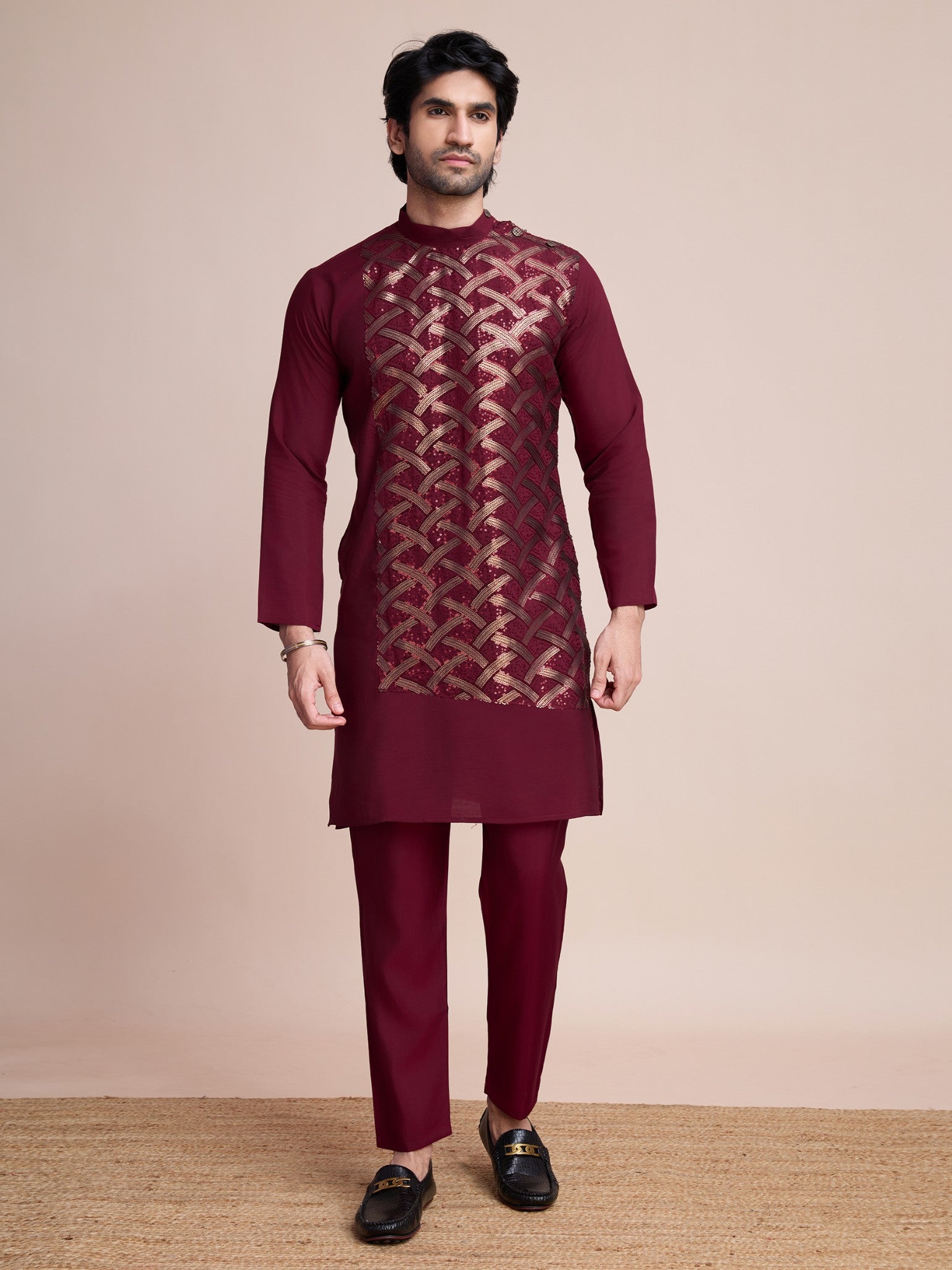 Maroon color silk ready to wear men's kurta for wedding