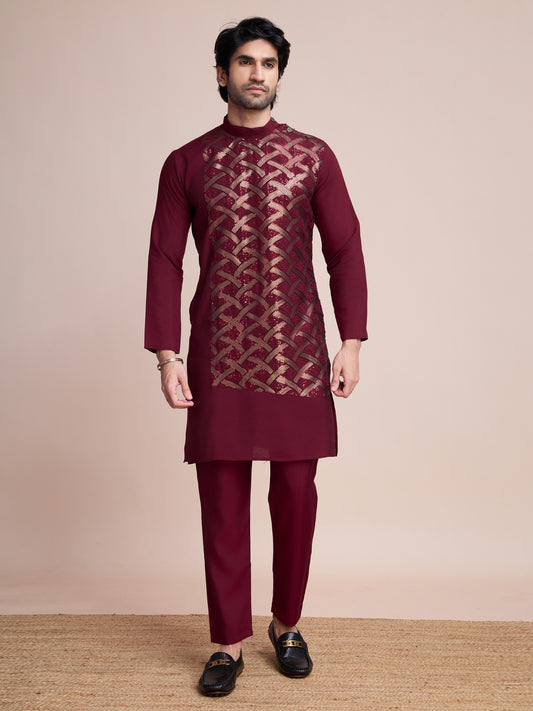 Maroon color silk ready to wear men's kurta for wedding