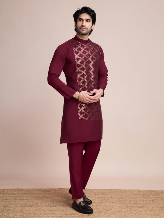 Maroon color silk ready to wear men's kurta 
