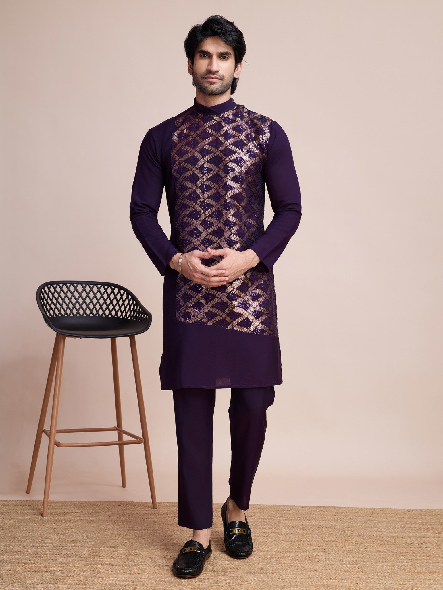 Purple color silk sequins work kurta for men's