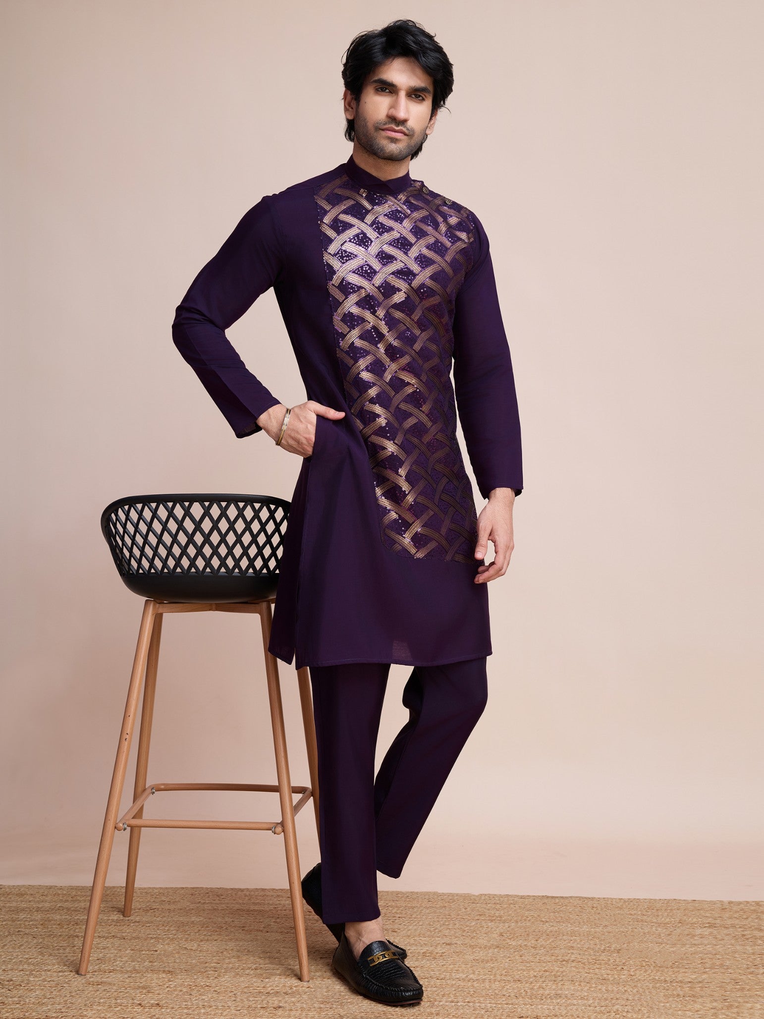 Purple color silk men's kurta online 