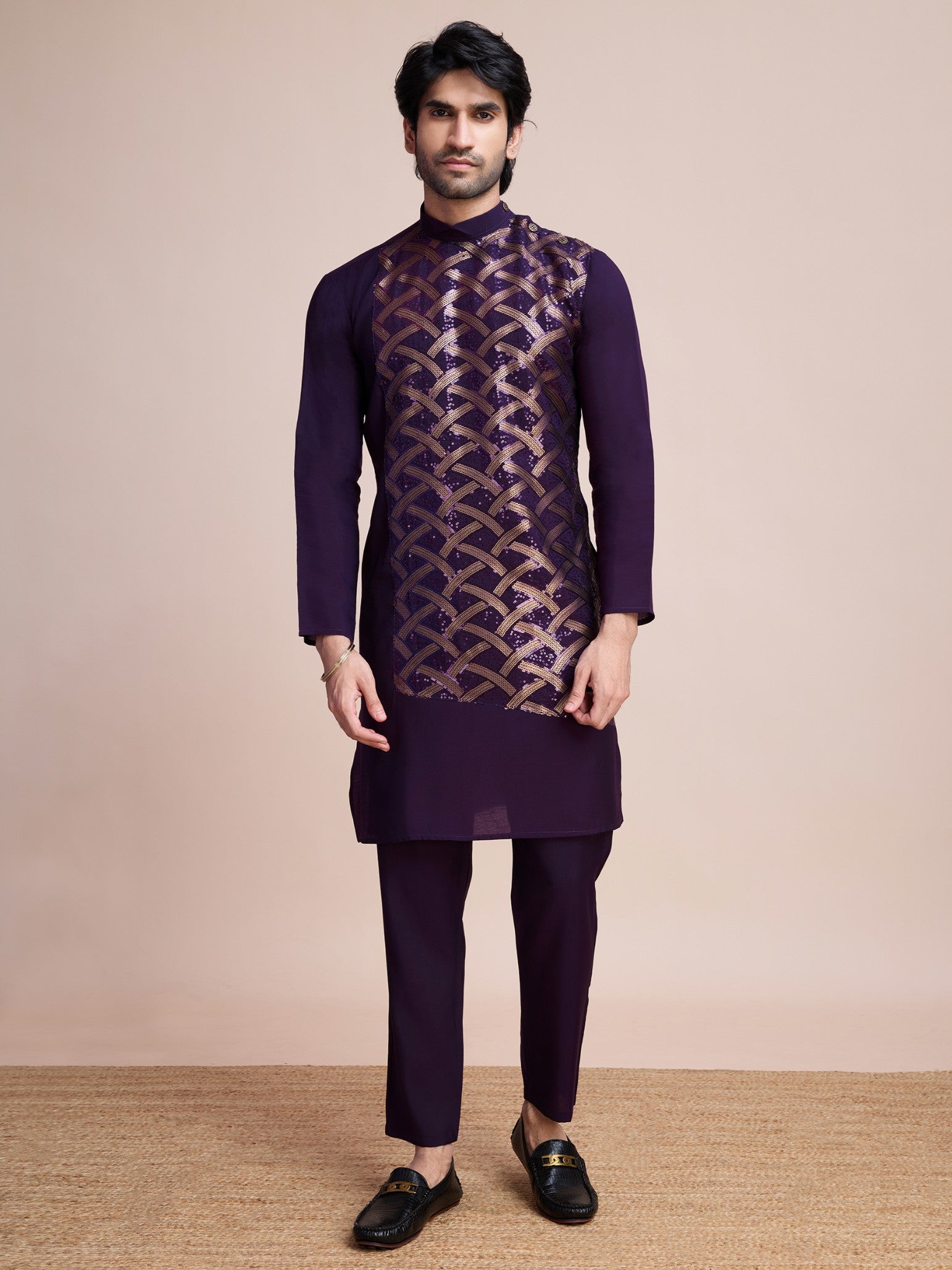 Purple color silk sequins work men's kurta price
