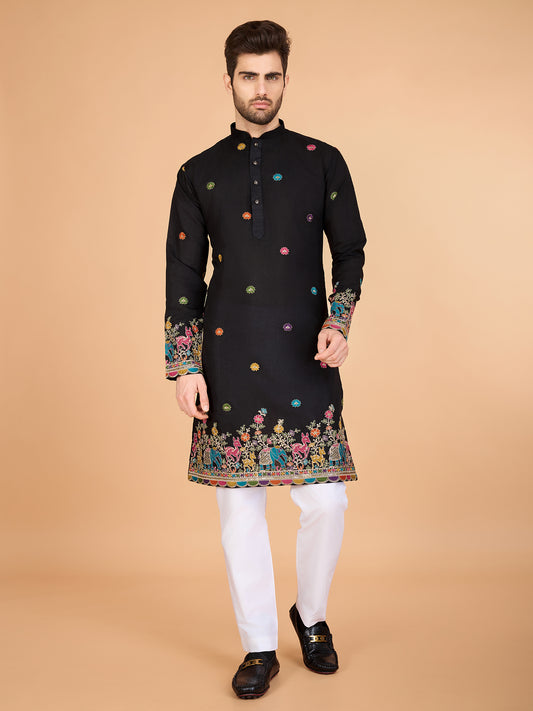 Black color viscose silk men's kurta for party