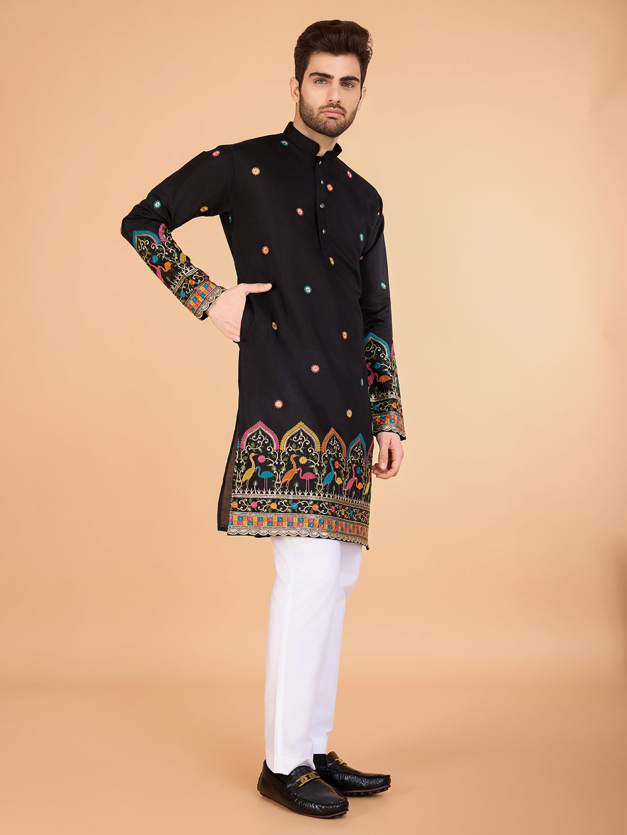 Black color viscose silk mens kurta online shopping