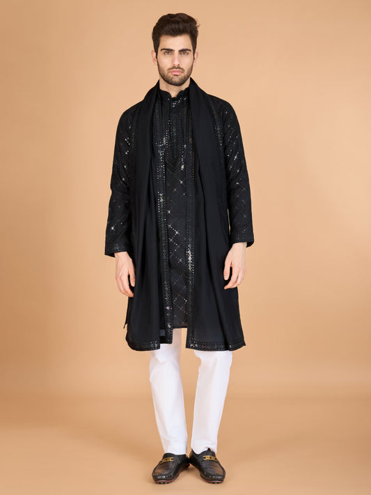Black color viscose silk kurta with dupatta for men's