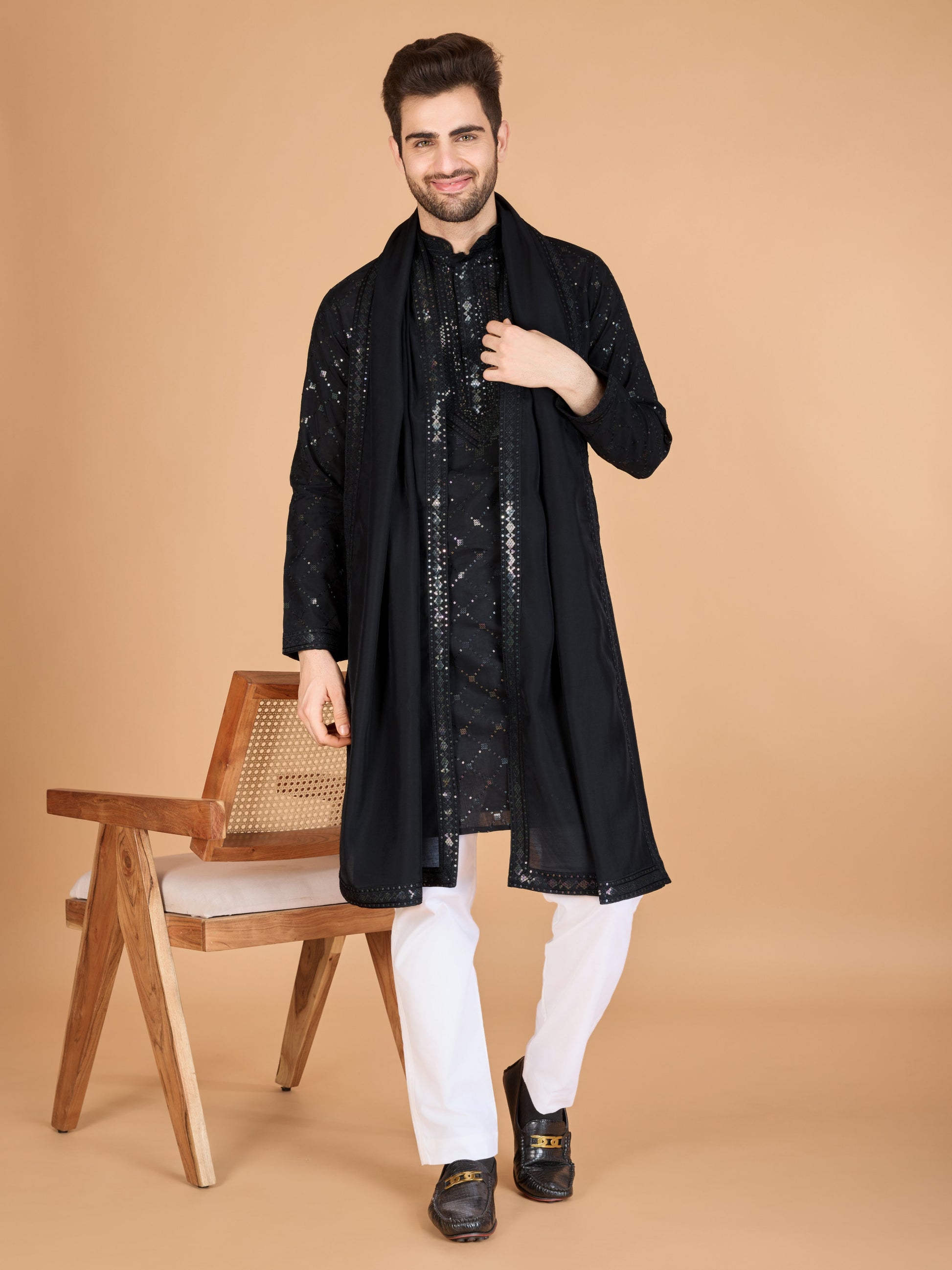 Black color viscose silk  men's kurta with dupatta price