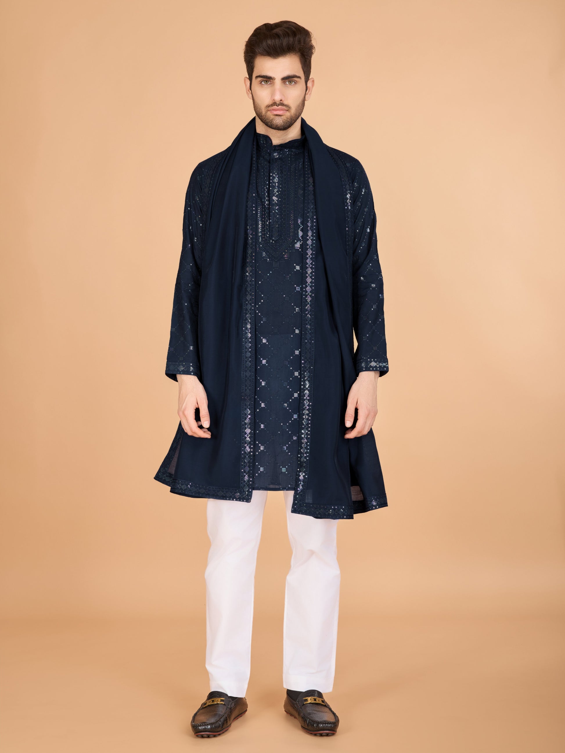 Navy blue color viscose silk men's kurta with dupatta online
