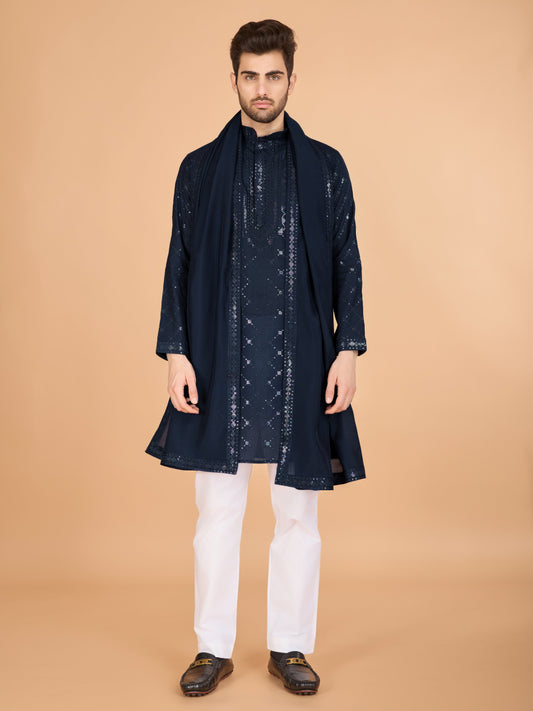 Navy blue color viscose silk men's kurta with dupatta online