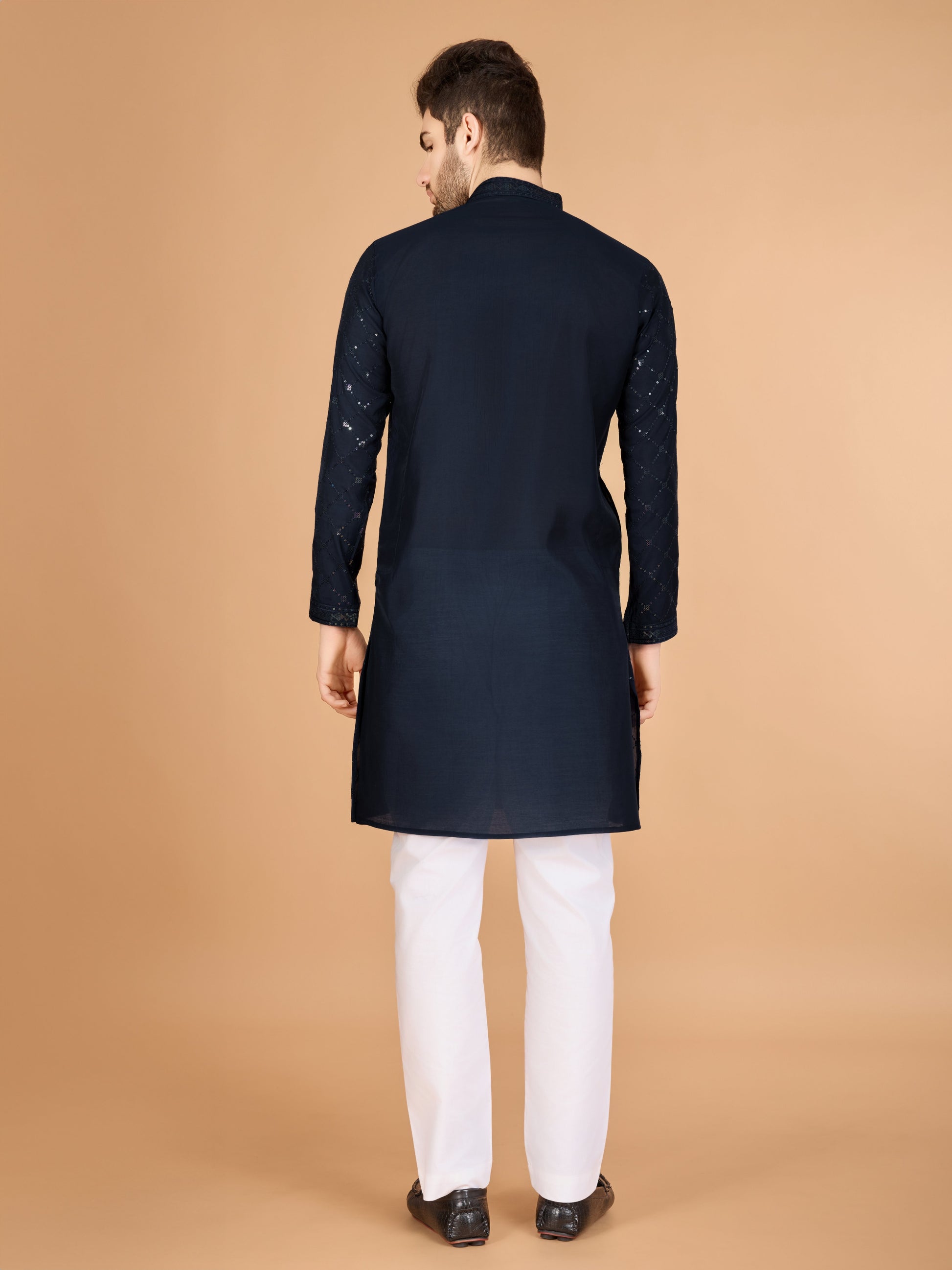Navy blue color viscose silk men's kurta with dupatta for party