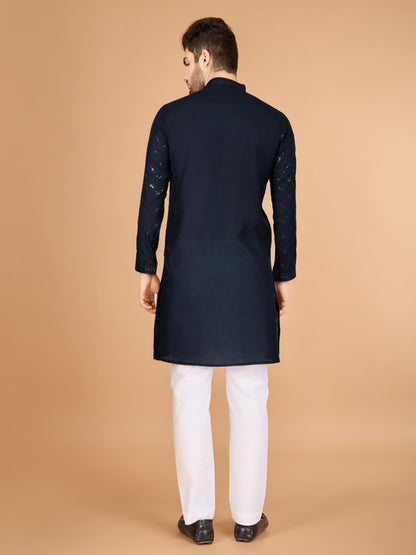 Navy blue color viscose silk men's kurta with dupatta for party