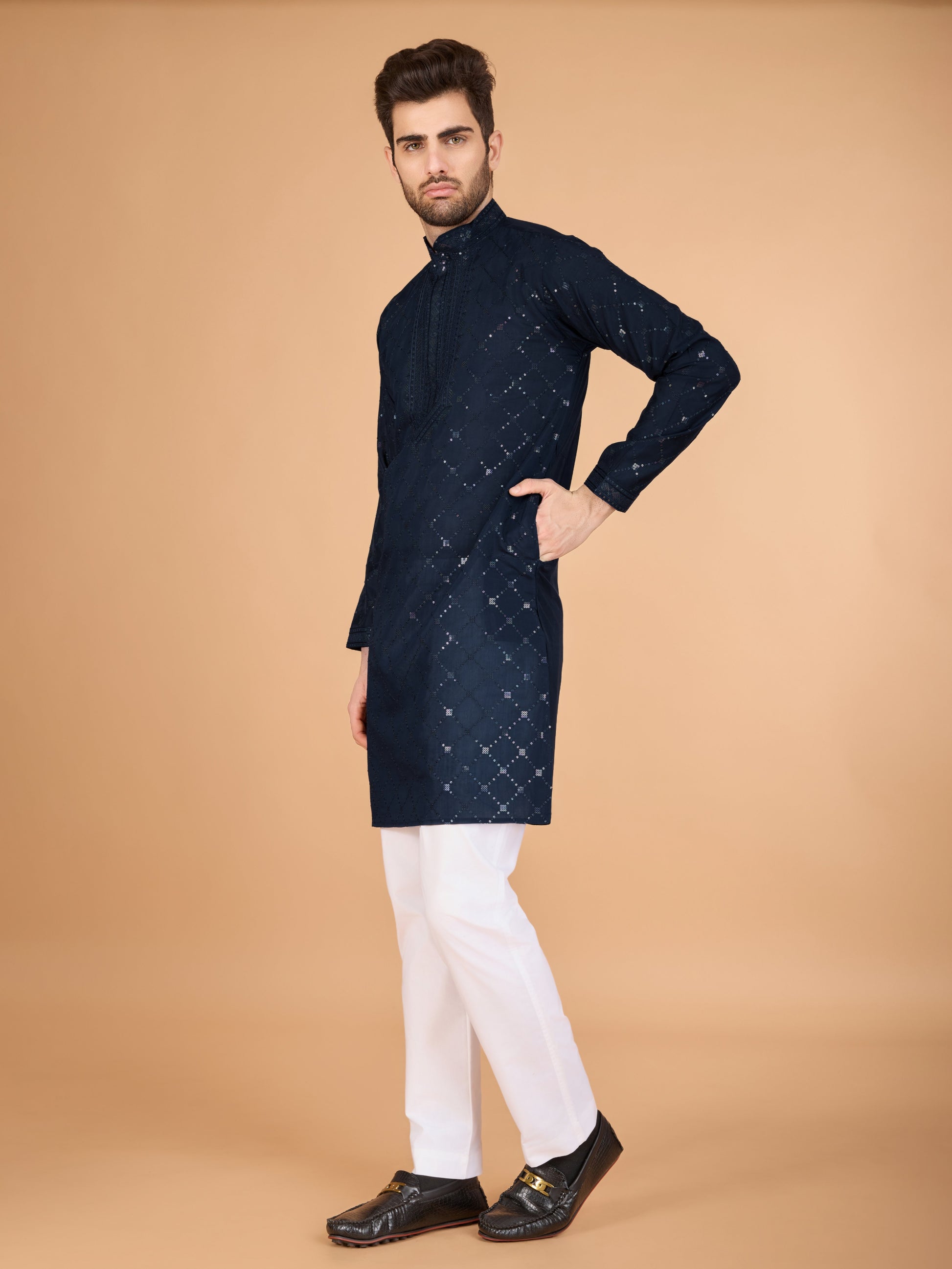 Navy blue color viscose silk men's kurta with dupatta price