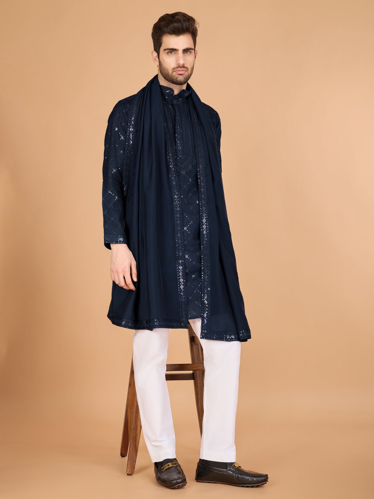 Navy blue color viscose silk men's kurta with dupatta images