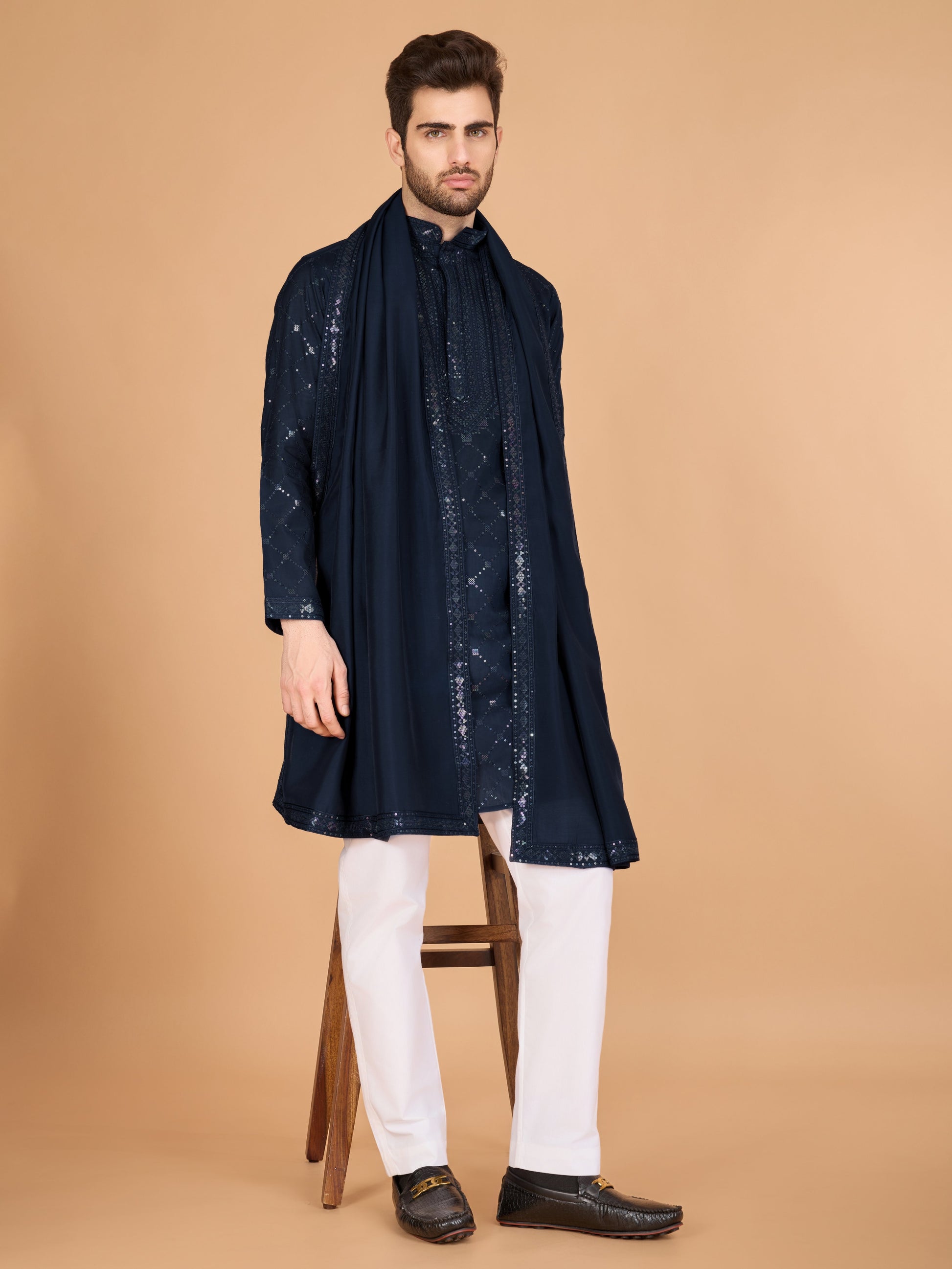 Navy blue color viscose silk men's kurta with dupatta images
