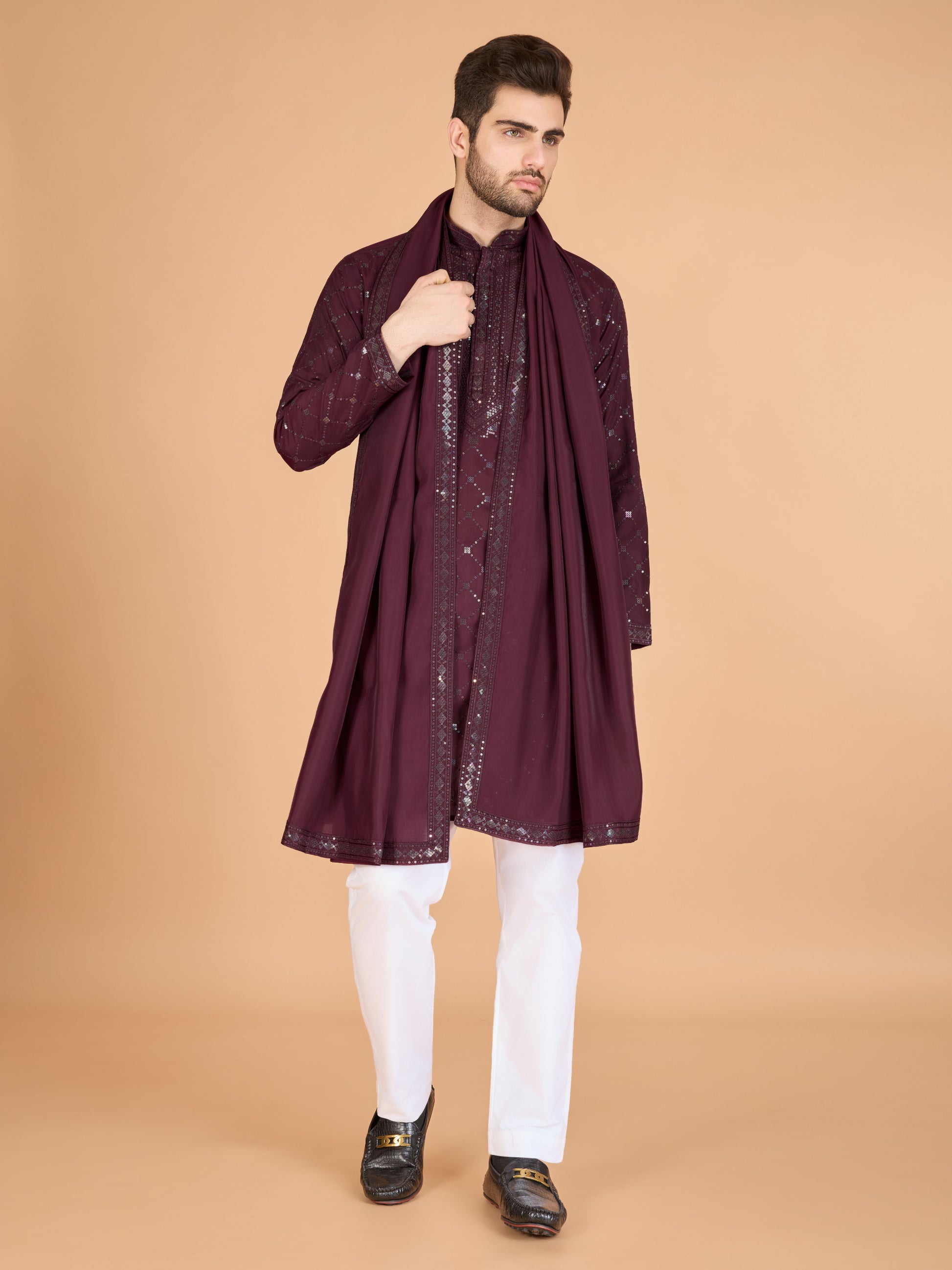 Maroon color viscose silk men's kurta with dupatta images