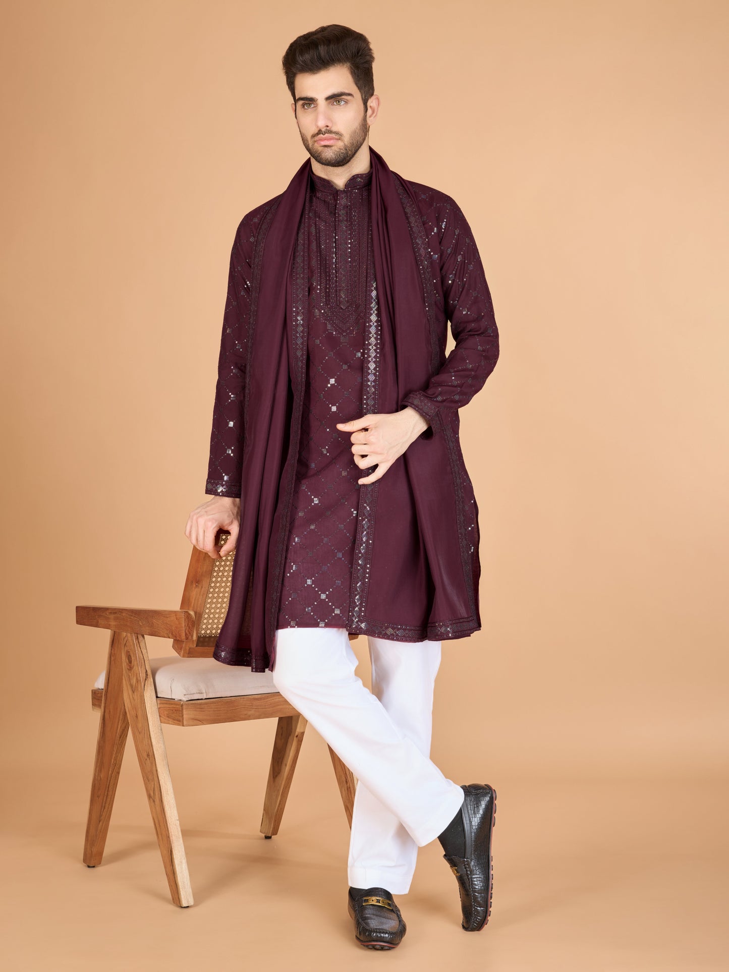 Maroon color viscose silk men's kurta with dupatta online shopping