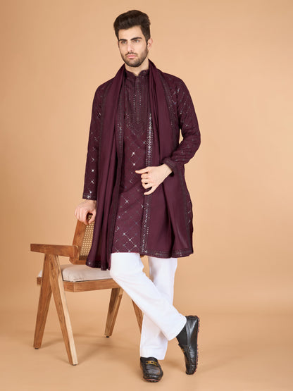 Maroon color viscose silk men's kurta with dupatta online shopping
