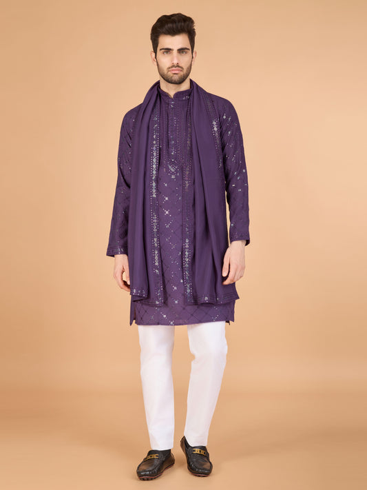Purple color viscose silk kurta for men's