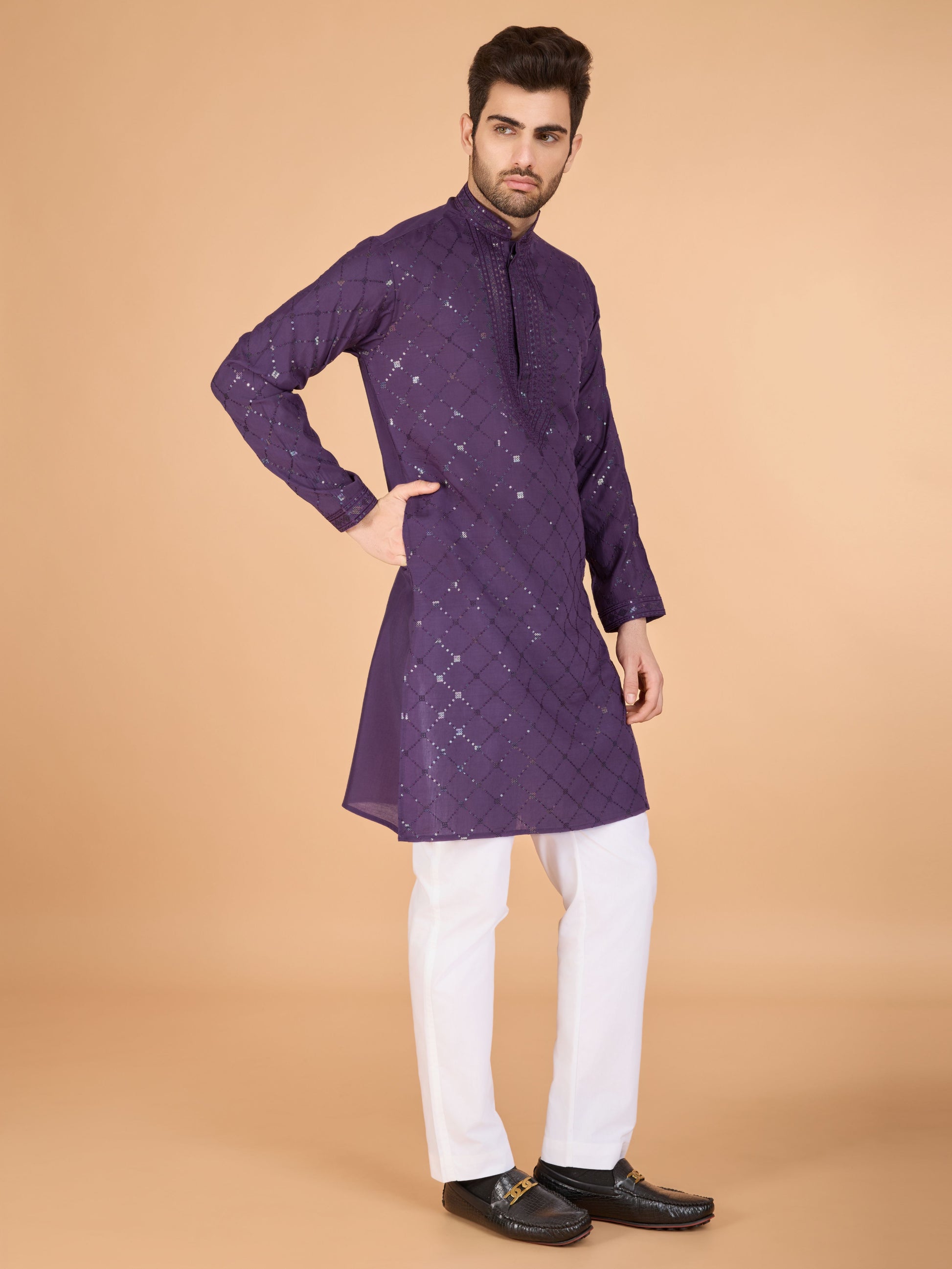 Purple color viscose silk men's kurta for wedding